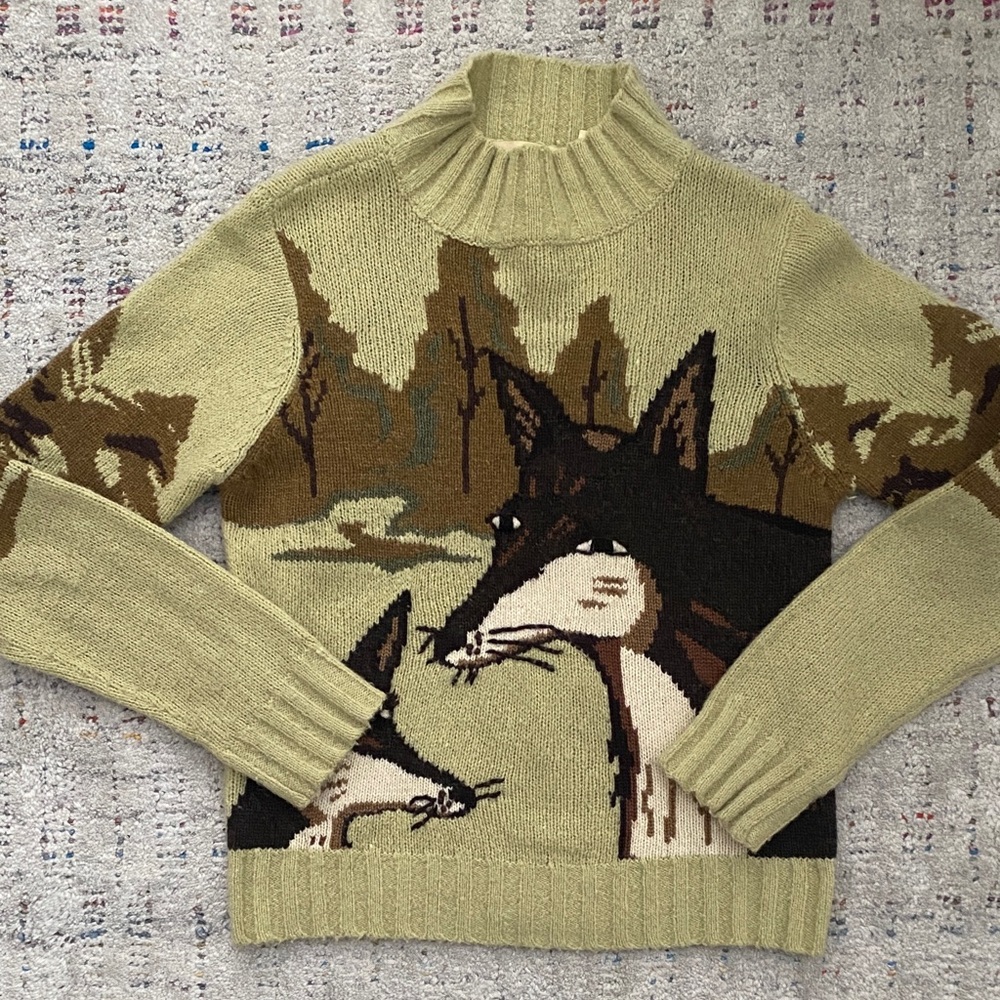 Vintage Y2K Anthropologie sleeping on snow green Fox Print knit Sweater size M